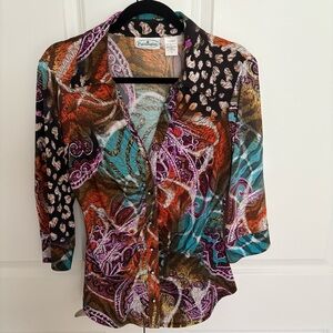 Patchington Blue and Purple 3/4 Sleeve Blouse with simulated Diamond Buttons